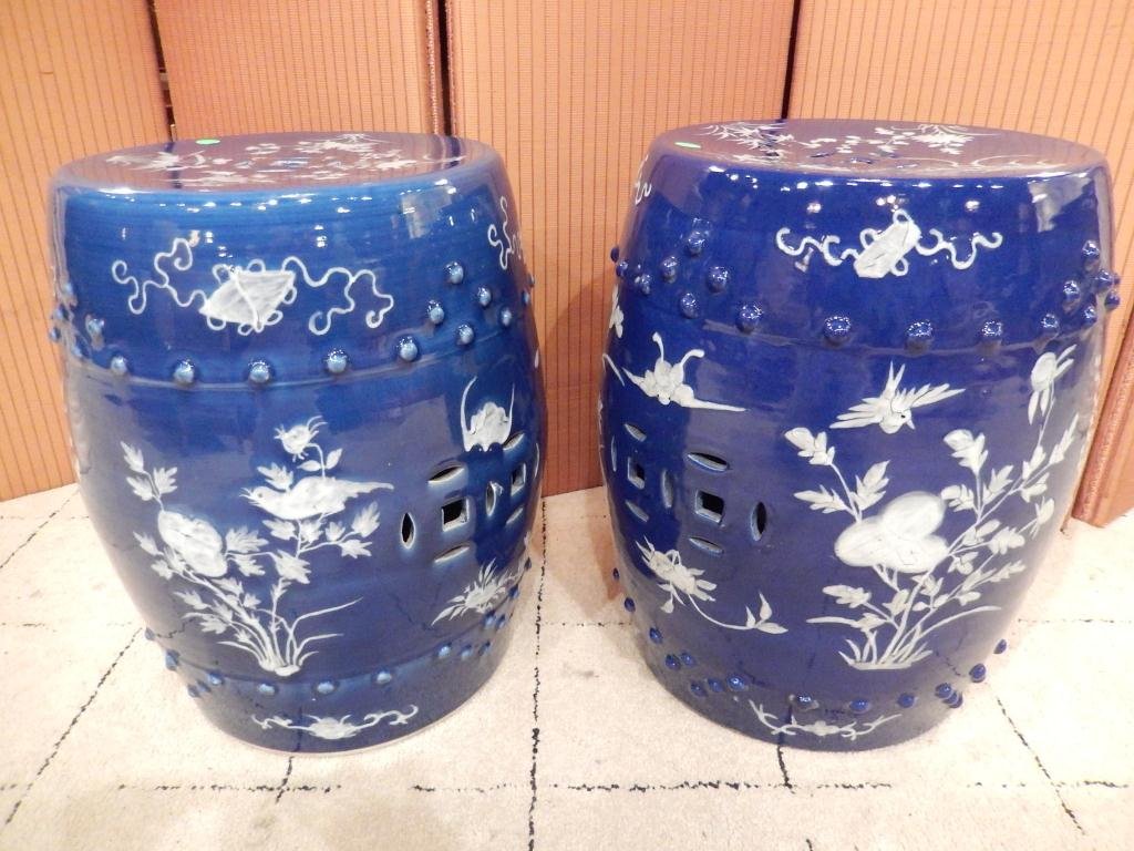 SET OF 2 COBALT BLUE CHINOISERIE GARDEN STOOLS,: SET OF 2 COBALT BLUE CHINOISERIE GARDEN STOOLS, HANDPAINTED, EACH WITH DIFFERENT DESIGNS, APPROX 15" DIAMETER, 25"H
