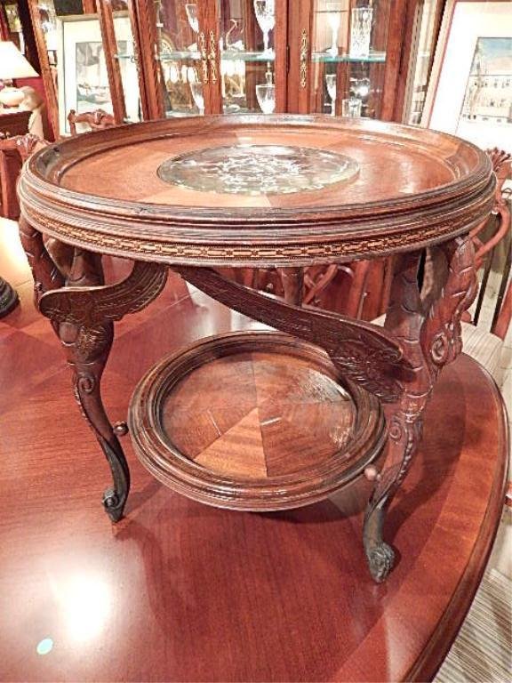 ANTIQUE MAHOGANY SWAN LEG TABLE, INLAID WOOD DESIGNS ON: ANTIQUE MAHOGANY SWAN LEG TABLE, INLAID WOOD DESIGNS ON APRON, PLANTER CENTER WITH ADDED GLASS INSERT, APPROX 25" DIAMETER X 30"H (SKU #809.06)