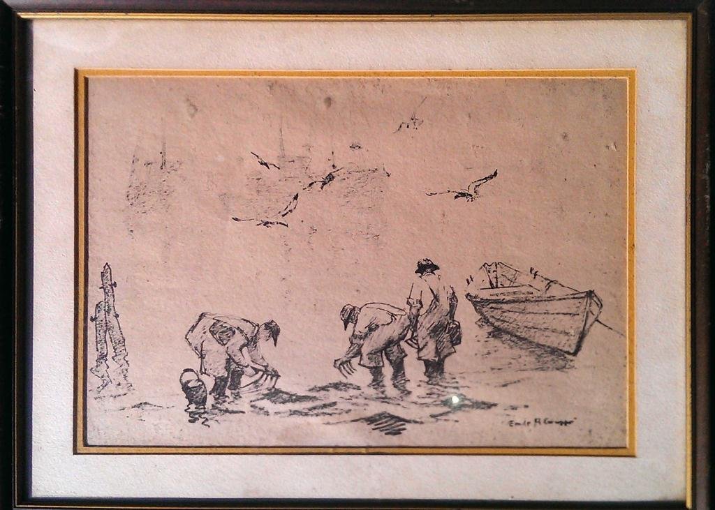 GRUPPE, EMILE ALBERT (AMERICAN, MASSACHUSETTS: GRUPPE, EMILE ALBERT (AMERICAN, MASSACHUSETTS 1896-1978), CHARCOAL DRAWING, BEACH SCENE, SIGNED LOWER RIGHT, 13.25" X 9.25" FRAMED (SKU#873.01)