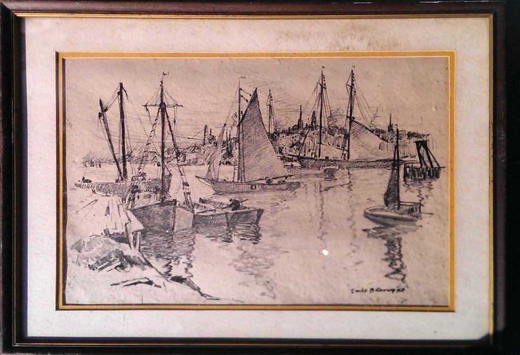 GRUPPE, EMILE ALBERT (AMERICAN, MASSACHUSETTS: GRUPPE, EMILE ALBERT (AMERICAN, MASSACHUSETTS 1896-1978), CHARCOAL DRAWING, HARBOR SCENE, SIGNED LOWER RIGHT, 13.25" X 9.25" FRAMED (SKU#873.02)