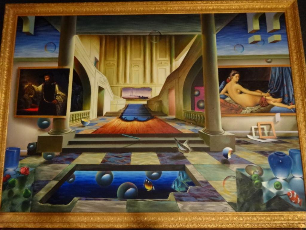 HUGE FERJO (FERNANDO DE JESUS OLIVEIRA) OIL ON CANVAS,: HUGE FERJO (FERNANDO DE JESUS OLIVEIRA) OIL ON CANVAS, SURREALISTIC INTERIOR SCENE, WITH CERTIFICATE OF AUTHENTICITY FROM IFAA CERTIFIED APPRAISER, SIGNED LOWER RIGHT, PROVENANCE WENTWORTH GALLERY, EX