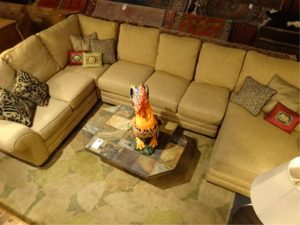 BASSETT FURNITURE SECTIONAL SOFA, 5 PC WITH RIGHT HAND: BASSETT FURNITURE SECTIONAL SOFA, 5 PC WITH RIGHT HAND CHAISE, BEIGE UPHOLSTERY, ROLL ARMS, EXCELLENT CONDITION, ACCENT PILLOWS NOT INCLUDED,