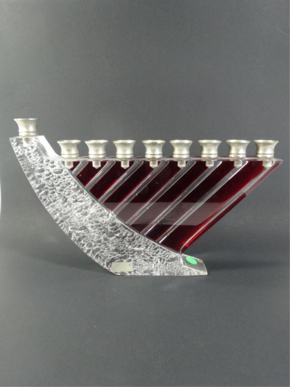 ARTIST SIGNED ACRYLIC MENORAH, CLEAR & RED, SIGNED BY: ARTIST SIGNED ACRYLIC MENORAH, CLEAR & RED, SIGNED BY ARTIST AT BASE & DATED 1997, APPROX 9"H X 15"L (SKU#887.05)