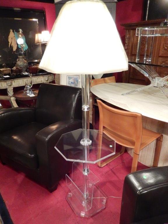 LUCITE LAMP TABLE, OCTAGONAL LUCITE TABLE TOP, MAGAZINE: LUCITE LAMP TABLE, OCTAGONAL LUCITE TABLE TOP, MAGAZINE RACK, PLEATED SHADE, APPROX 5'H (SKU#865.03)