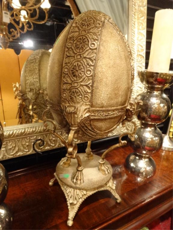 LARGE ORNATE SILVER FINISH EGG, COMPOSITION AND METAL,: LARGE ORNATE SILVER FINISH EGG, COMPOSITION AND METAL, APPROX 18"H