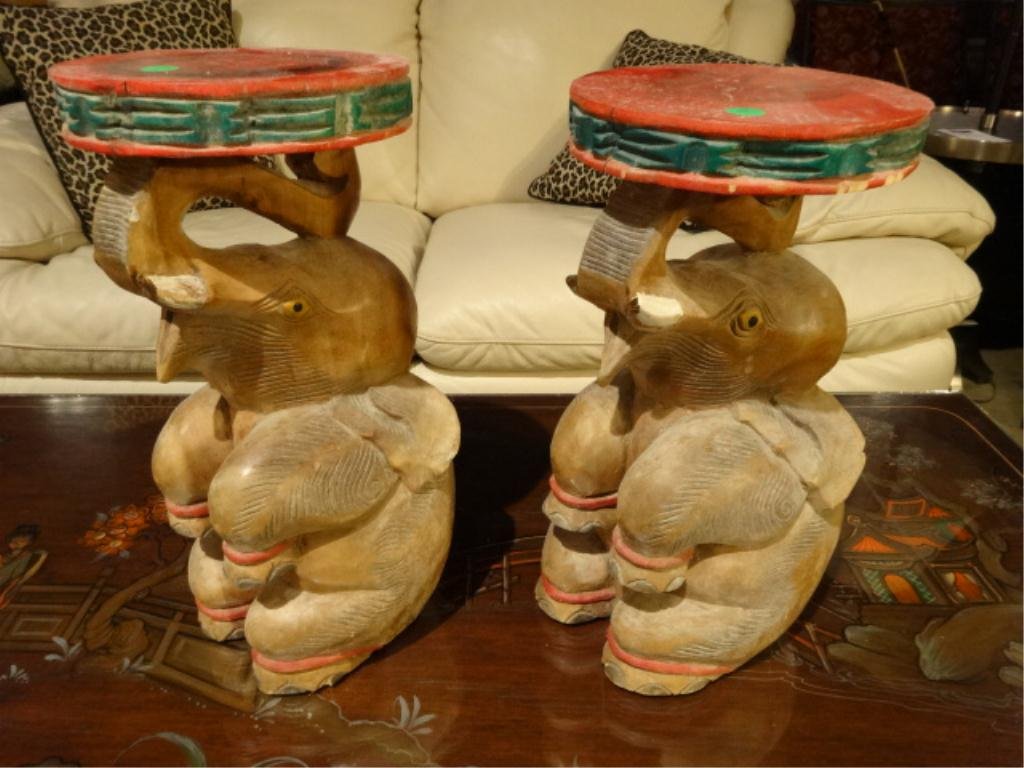 PAIR INDONESIAN CARVED WOOD ELEPHANT PEDESTALS, APPROX: PAIR INDONESIAN CARVED WOOD ELEPHANT PEDESTALS, APPROX 12"H