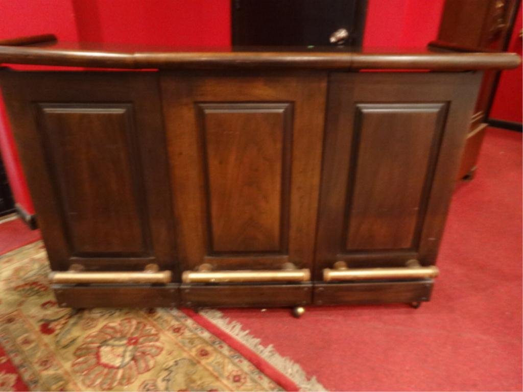 DREXEL PORTABLE BAR, ON CASTERS, SIDES EXTEND SIZE TO: DREXEL PORTABLE BAR, ON CASTERS, SIDES EXTEND SIZE TO APPROX 54", BRASS RAIL, DRAWER AND STORAGE, LAMINATE TOP, APPROX 40"H X 24"W X 20"D WHEN NOT EXTENDED