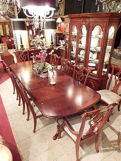 THOMASVILLE CHIPPENDALE STYLE DINING TABLE WITH 2: THOMASVILLE CHIPPENDALE STYLE DINING TABLE WITH 2 LEAVES AND 10 CHAIRS (2 ARMCHAIRS, 8 SIDE CHAIRS) UPHOLSTERED IN GREEN AND GOLD STRIPE UPHOLSTERY, COORDINATING SIDEBOARD AND BREAKFRONT SOLD SEPARATE