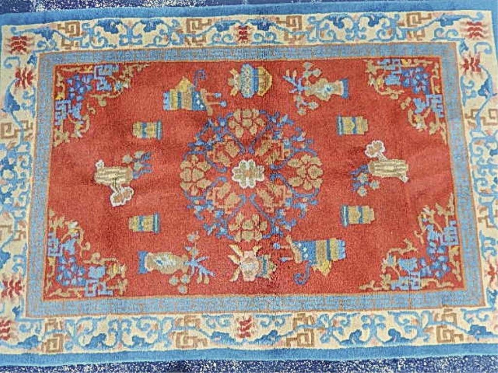 WOOL CHINESE STYLE RUG, RUST AND BLUE, APPROX 3' X 5': WOOL CHINESE STYLE RUG, RUST AND BLUE, APPROX 3' X 5' (SKU#871.05)