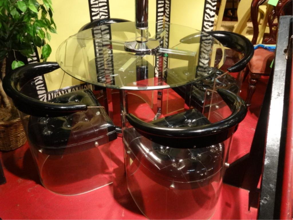 4 VLADIMIR KAGAN STYLE LUCITE TUB CHAIRS, CIRCA 1970's,: 4 VLADIMIR KAGAN STYLE LUCITE TUB CHAIRS, CIRCA 1970's, WITH BLACK PATENT TUFTED SEATS AND BACK, (CHROME DINING TABLE IN PHOTO SOLD SEPARATELY), APPROX 25"W X 25"D X 35"H