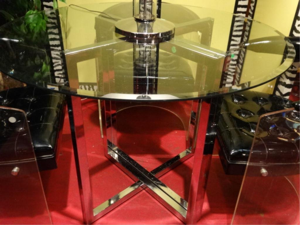 DUAL PEDESTAL CHROME DINING TABLE WITH 32" ROUND GLASS: DUAL PEDESTAL CHROME DINING TABLE WITH 32" ROUND GLASS TOP, PEDESTALS CAN BE SPACED TO ACCOMODATE LARGER GLASS