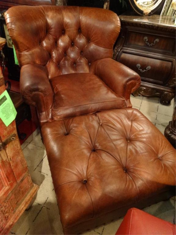RALPH LAUREN LEATHER LIBRARY CHAIR AND OTTOMAN FOR: RALPH LAUREN LEATHER LIBRARY CHAIR AND OTTOMAN FOR HENREDON, BUTTON TUFTED WINGBACK, DISTRESSED BROWN LEATHER WITH NAILHEAD TRIM, LABELED RALPH LAUREN, #2 OF TWO SETS AVAILABLE, EACH SOLD SEPARATELY,