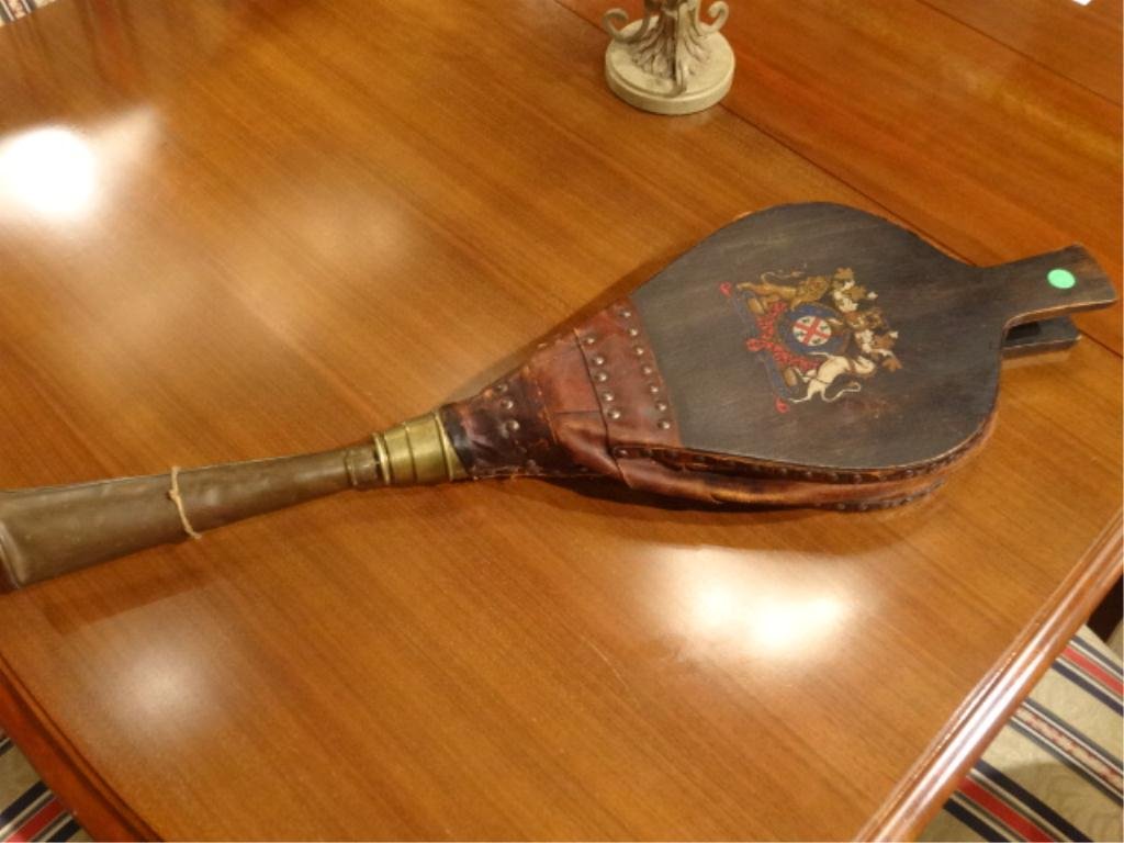 VINTAGE FIREPLACE BELLOWS, LEATHER AND METAL, WITH: VINTAGE FIREPLACE BELLOWS, LEATHER AND METAL, WITH PAINTED HERALDRY, APPROX 32"L (SKU#879.09)