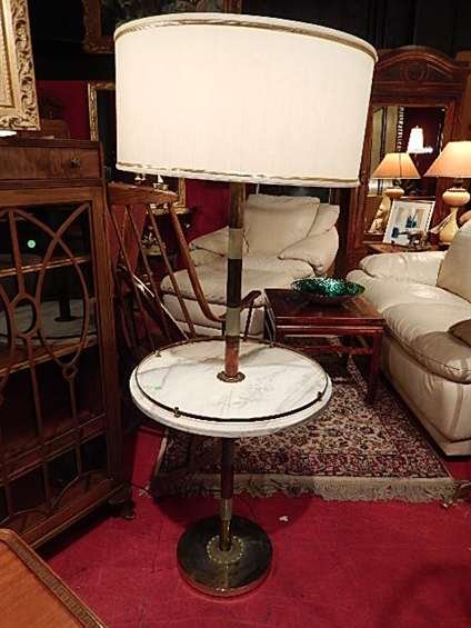 MARBLE TOP LAMP TABLE, DRUM SHADE, 3 TONE METAL: MARBLE TOP LAMP TABLE, DRUM SHADE, 3 TONE METAL COLUMN, WHITE MARBLE TABLE TOP WITH BRASS RAIL, STAMPED MADE IN ITALY, APPROX 5'H X 20" DIAMETER (SKU #806.02)