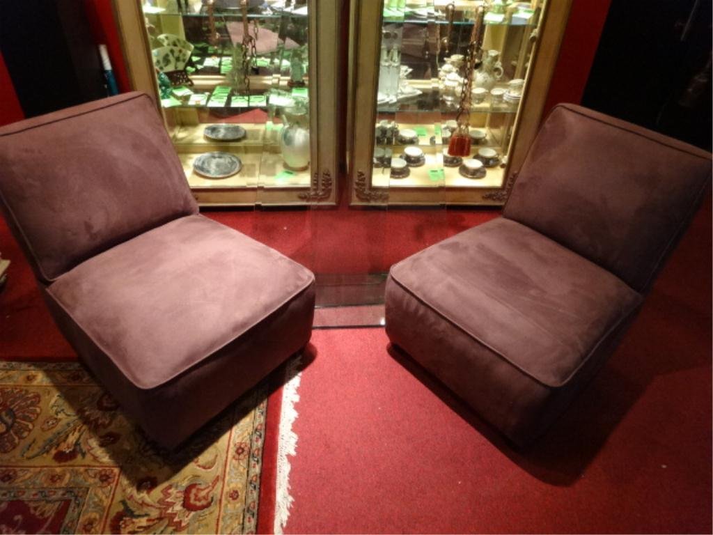 PAIR CRATE & BARREL SLIPPER CHAIRS, PLUM UPHOLSTERY,: PAIR CRATE & BARREL SLIPPER CHAIRS, PLUM UPHOLSTERY, MODERN DESIGN, #1 OF TWO PAIRS AVAILABLE (EACH PAIR SOLD SEPARATELY), APPROX 30" X 32" X 35"