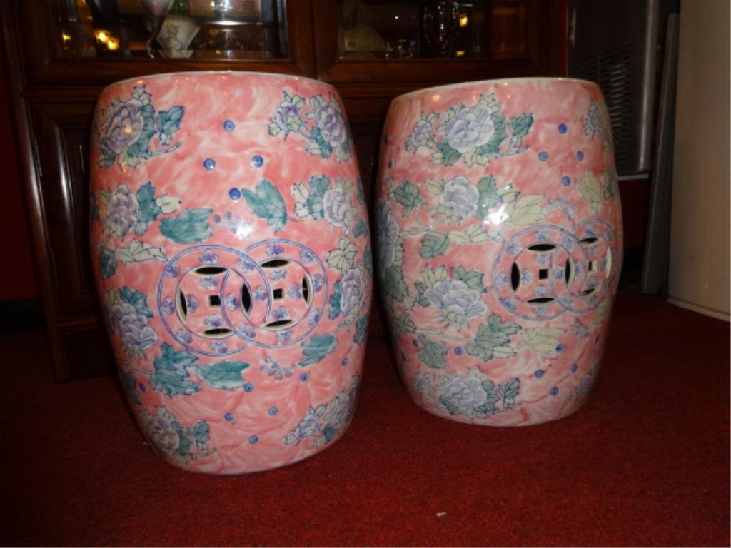 PAIR CHINESE PORCELAIN GARDEN STOOLS, PINK WITH FLORAL: PAIR CHINESE PORCELAIN GARDEN STOOLS, PINK WITH FLORAL DESIGNS, APPROX 18" DIAMETER (SKU 936)