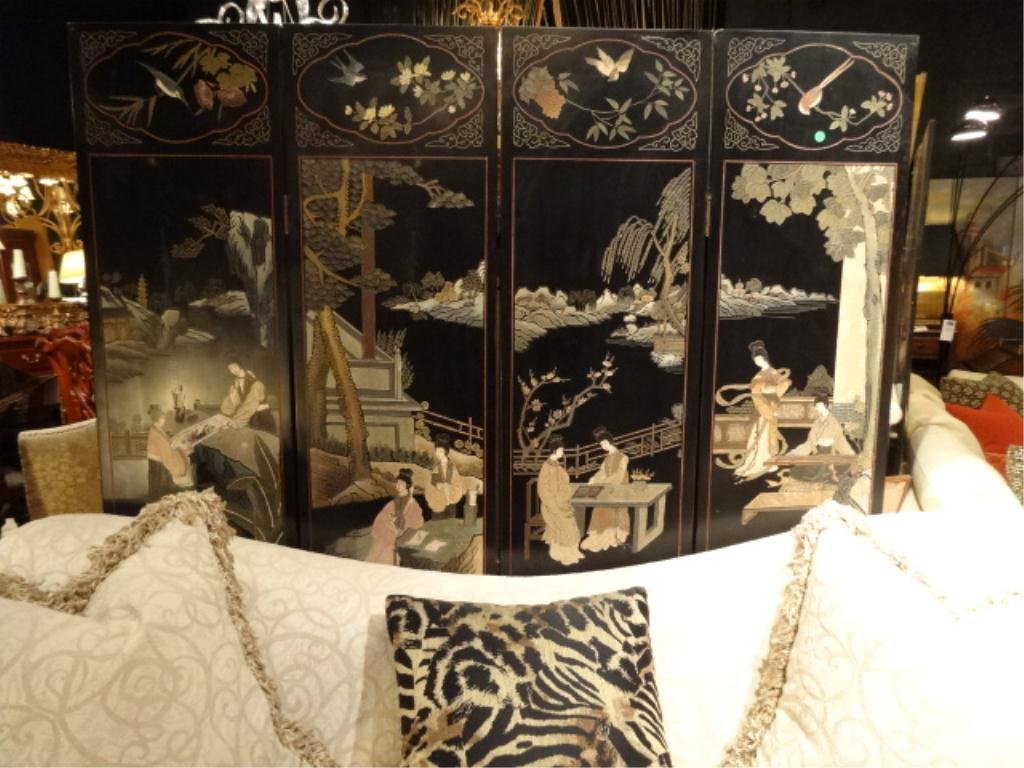 CHINESE CARVED WOOD 4 PANEL COROMANDEL SCREEN, PAINTED: CHINESE CARVED WOOD 4 PANEL COROMANDEL SCREEN, PAINTED FIGURAL SCENES, APPROX 6' X 6' (SKU#860.13)