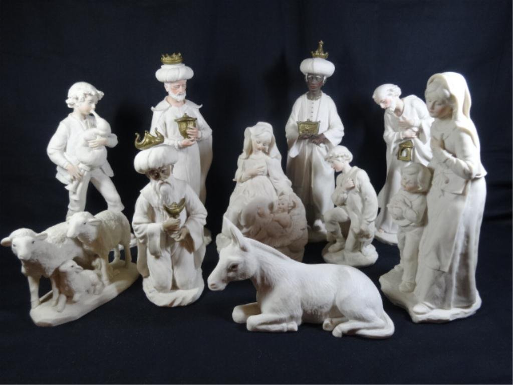 GUISEPPE ARMANI NATIVITY SET, 10 PC, MADE IN ITALY WITH: GUISEPPE ARMANI NATIVITY SET, 10 PC, MADE IN ITALY WITH CAPODIMONTE MARK, TALLEST APPROX 13.5"H, INCLUDES MADONNA & CHILD (MARY & BABY JESUS) FIGURINE, ST. JOSEPH, 3 WISE MEN FIGURINES, DONKEY, 2 SHEP