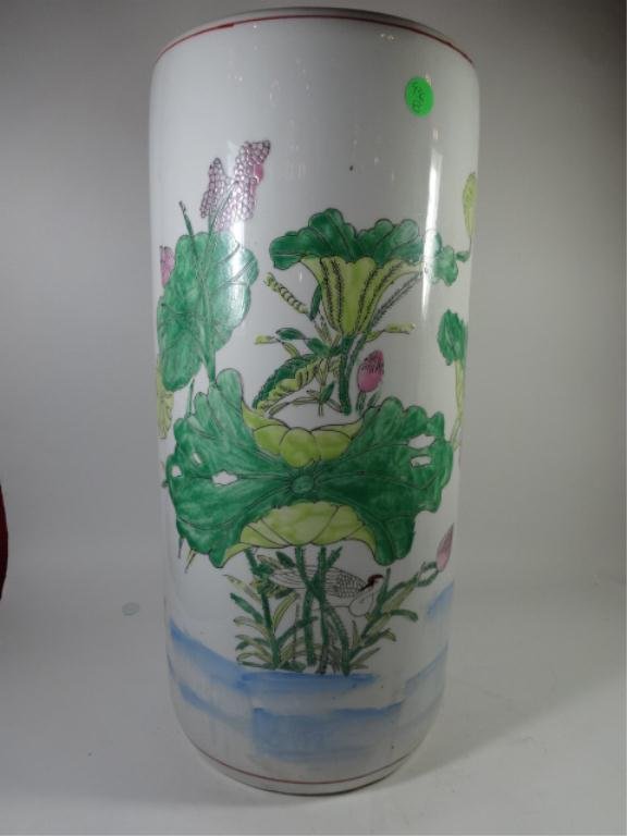 CHINESE PORCELAIN UMBRELLA STAND, WHITE WITH PAINTED: CHINESE PORCELAIN UMBRELLA STAND, WHITE WITH PAINTED FOLIAGE DESIGNS, 19" X 8.5" (SKU 936-17)