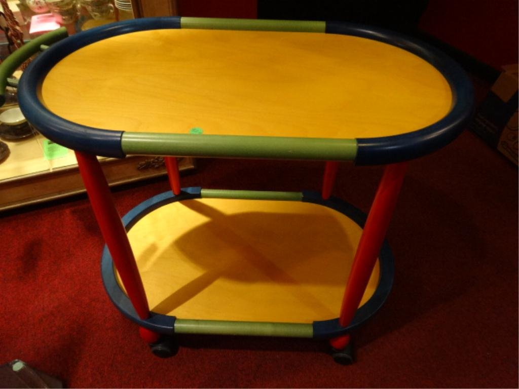 MODERN DESIGN BAR CART ON CASTERS, YELLOW, RED, GREEN: MODERN DESIGN BAR CART ON CASTERS, YELLOW, RED, GREEN AND BLUE STAIN, APPROX 3' X 1.5' X 20"