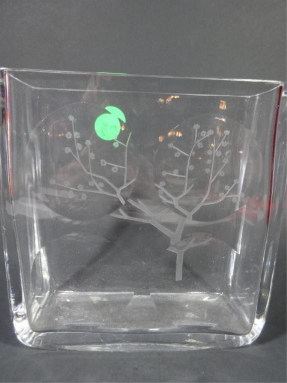 ORREFORS RECTANGULAR VASE WITH ETCHED TREE DESIGN,: ORREFORS RECTANGULAR VASE WITH ETCHED TREE DESIGN, INGEBORG LUNDIN 1960'S, APPROX 6" X 6" X 2.25", SKU956.02