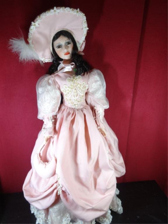LARGE PORCELAIN DOLL IN PINK DRESS, BROKEN HEEL ON: LARGE PORCELAIN DOLL IN PINK DRESS, BROKEN HEEL ON RIGHT FOOT, APPROX 28"H, SKU946.18