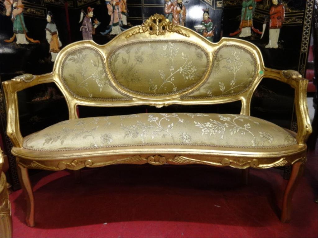 FRENCH LOUIS XV STYLE LOVESEAT, GOLD FINISH, GOLD TONE: FRENCH LOUIS XV STYLE LOVESEAT, GOLD FINISH, GOLD TONE ON TONE UPHOLSTERY, NEW, NEVER USED, APPROX 5'W X 38"H X 22"D