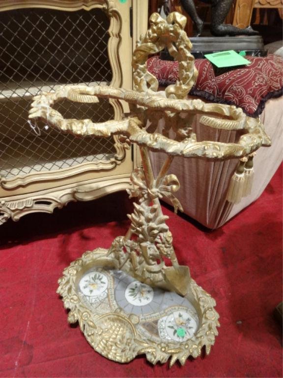 ROCOCO STYLE METAL UMBRELLA STAND, WHITE AND GOLD: ROCOCO STYLE METAL UMBRELLA STAND, WHITE AND GOLD FINISH, TILED BASE, APPROX 28"H X 11"W