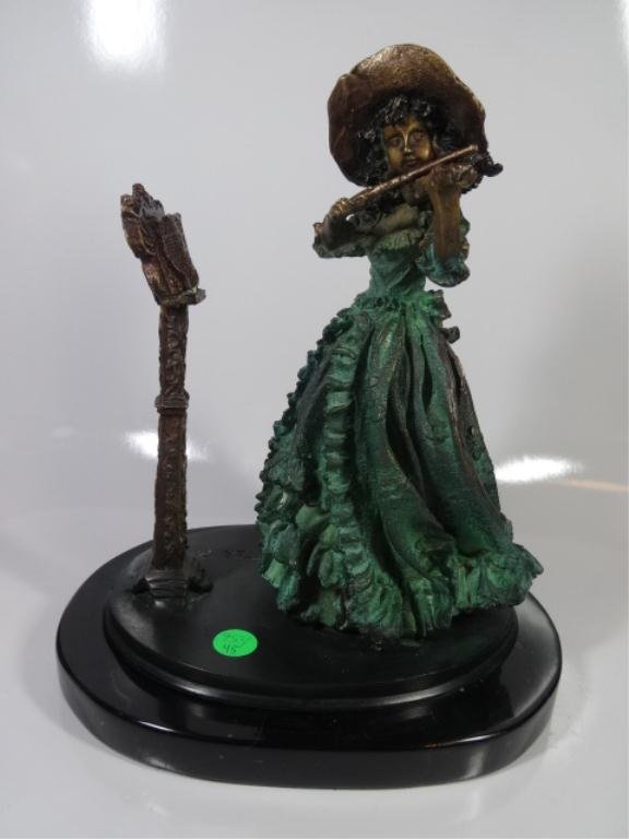 BRONZE SCULPTURE, GIRL PLAYING VIOLIN, SIGNED PETER: BRONZE SCULPTURE, GIRL PLAYING VIOLIN, SIGNED PETER PAYNE, APPROX 11"H ON BASE (BASE IS LOOSE), SKU954.45