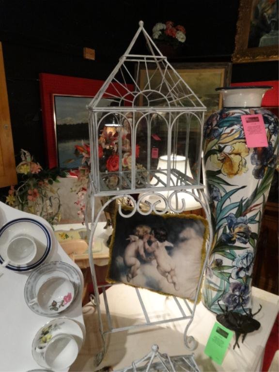 METAL AND GLASS BIRDCAGE STYLE DISPLAY BOX ON STAND,: METAL AND GLASS BIRDCAGE STYLE DISPLAY BOX ON STAND, APPROX 16"W X 3.5'H