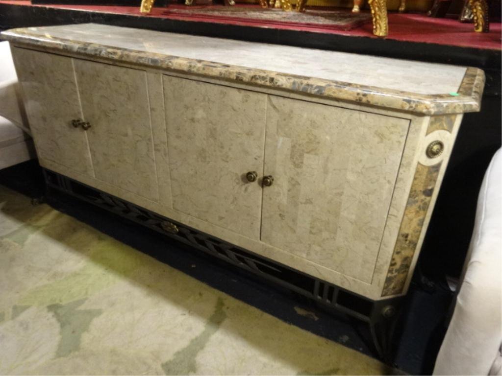 MARBLE TILED SIDEBOARD, CREAM AND GOLD MARBLE,: MARBLE TILED SIDEBOARD, CREAM AND GOLD MARBLE, SILVER/GRAY METAL BASE WITH GOLD MEDALLIONS, APPROX 6'L X 32"H X 20"D