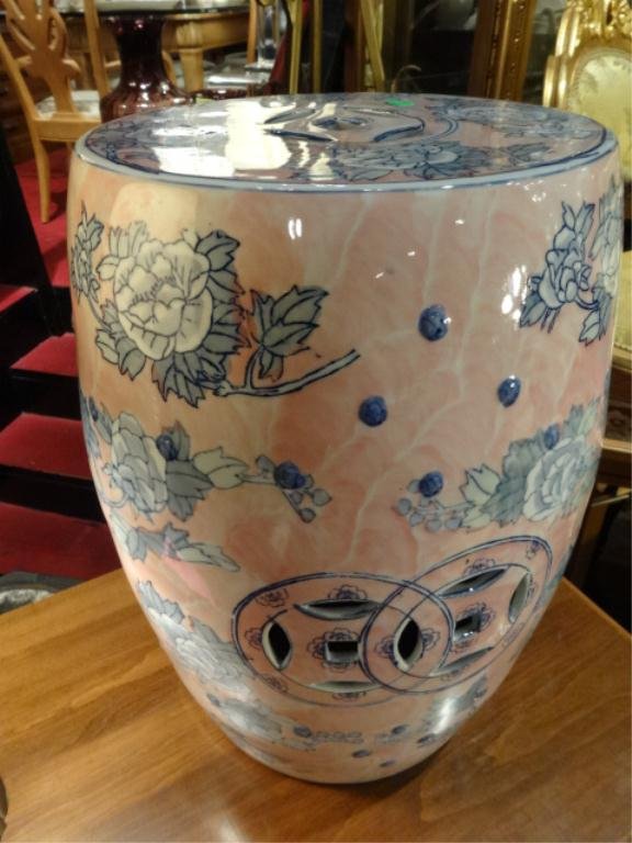 CHINESE PORCELAIN GARDEN STOOL, BLUE FLORALS ON: CHINESE PORCELAIN GARDEN STOOL, BLUE FLORALS ON PINK,APPROX 20" X 14"