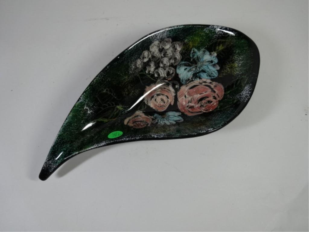 SASCHA BRASTOFF ART GLASS BOWL, BLACK AND FLORAL,: SASCHA BRASTOFF ART GLASS BOWL, BLACK AND FLORAL, MARKED, 14" X6" (SKU 936-40)