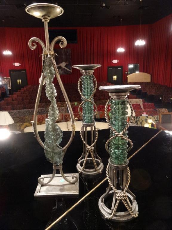 3PC HILDA FLACK CANDLE HOLDER SET, GREEN GLASS ACCENTS,: 3PC HILDA FLACK CANDLE HOLDER SET, GREEN GLASS ACCENTS, SILVER FINISH IRON BASES, LARGEST APPROX 23", SKU941.215