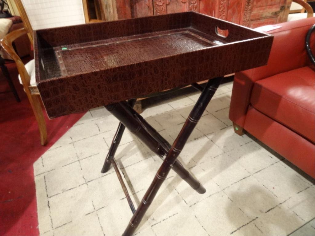 TRAY TABLE WITH FAUX CROCODILE TRAY, FOLDING WOOD BASE,: TRAY TABLE WITH FAUX CROCODILE TRAY, FOLDING WOOD BASE, APPROX 25"W X 15"D X 32"H, SKU954.52