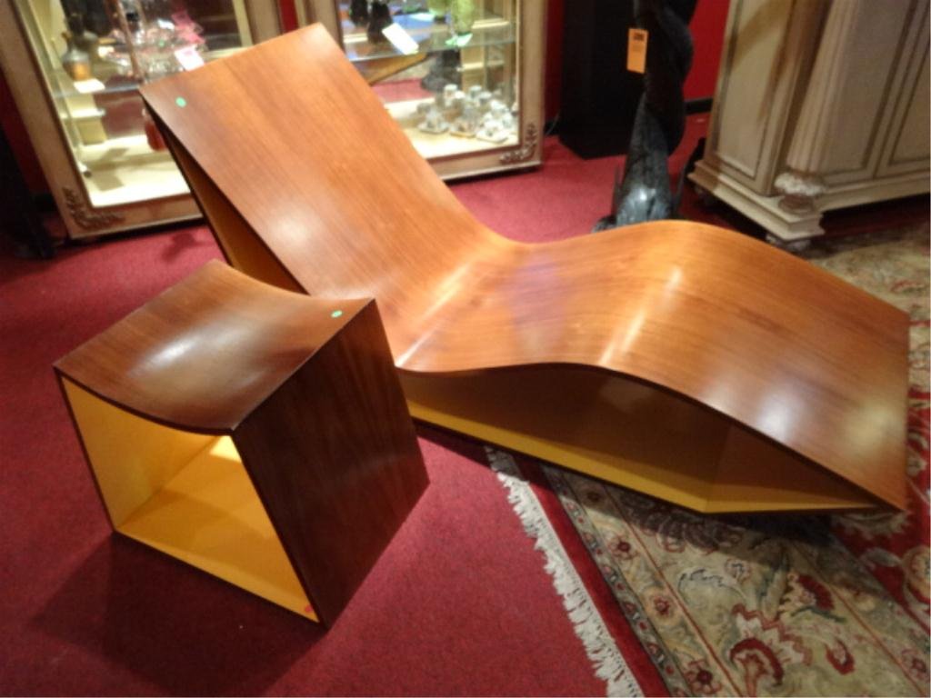 2 PC MODERN DESIGN CHAISE AND STOOL, WOOD VENEERS,: 2 PC MODERN DESIGN CHAISE AND STOOL, WOOD VENEERS, CURVED SEATS, CHAISE APPROX 6.5'W X 32"H X 25"D, STOOL APPROX 16" X 20" X 20"