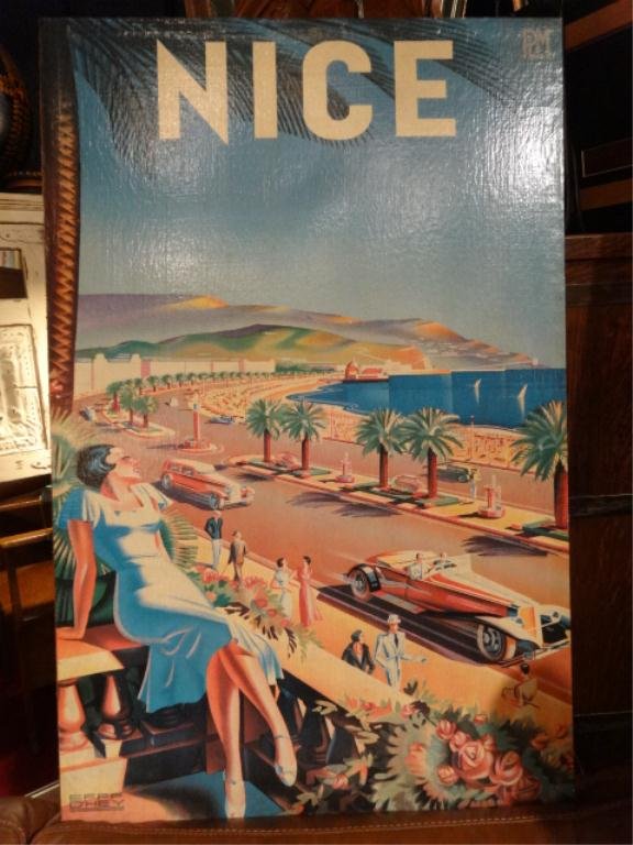 VINTAGE PARIS TO LYON RAILWAY POSTER, MOUNTED ON HEMP: VINTAGE PARIS TO LYON RAILWAY POSTER, MOUNTED ON HEMP BURLAP STRETCHED OVER HARDWOOD FRAME, "PLM" MARK UPPER RIGHT, "EFFF DHEY" LOWER LEFT, APPROX 34.75" X 22.5" SKU 985.13