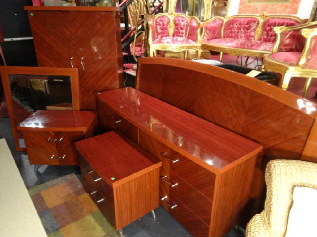 ITALIAN ROSEWOOD KING BEDROOM SET, LABELED MADE IN: ITALIAN ROSEWOOD KING BEDROOM SET, LABELED MADE IN ITALY, GLOSS FINISH ROSEWOOD, INCLUDES KING HEADBOARD, DRESSER, MIRROR, TALL CHEST, AND 2 NIGHTSTANDS