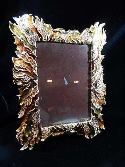 JAY STRONGWATER FRAME, GOLD FLAME DESIGN, HANDCRAFTED: JAY STRONGWATER FRAME, GOLD FLAME DESIGN, HANDCRAFTED ENAMEL WITH SWAROVSKI CRYSTALS, APPROX 10.5" X 8.5", SKU500