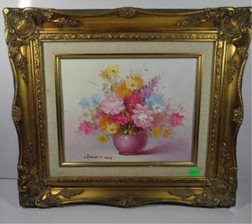 ROBERT COX OIL PAINTING ON CANVAS BOARD, FLORAL STILL