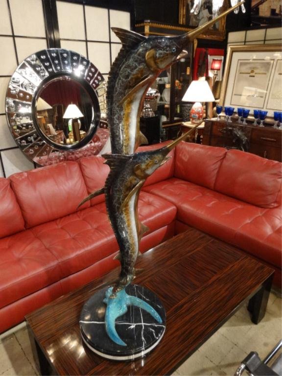 HUGE LIMITED EDITION BRONZE MARLINS SCULPTURE, 2: HUGE LIMITED EDITION BRONZE MARLINS SCULPTURE, 2 LEAPING MARLINS, ON THICK BLACK AND WHITE MARBLE BASE, NUMBERED 3/300, SIGNED W. ARIBU, APPROX 54" H SKU 983.10