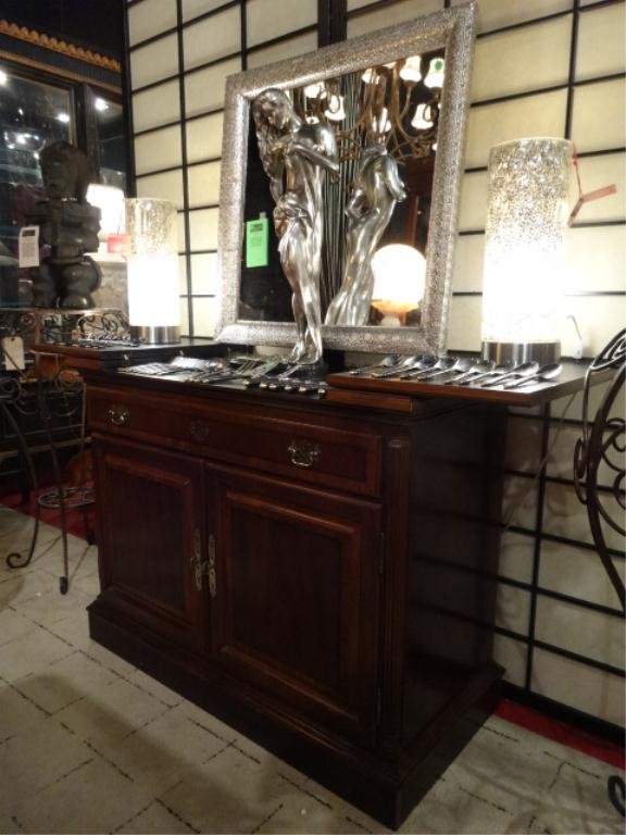 CHIPPENDALE MAHOGANY BUFFET BY UNIVERSAL FURNITURE,: CHIPPENDALE MAHOGANY BUFFET BY UNIVERSAL FURNITURE, EXPANDING FLIP TOP, BRASS PULLS. MATCHING DINING SET AND BREAKFRONT SOLD SEPARATELY