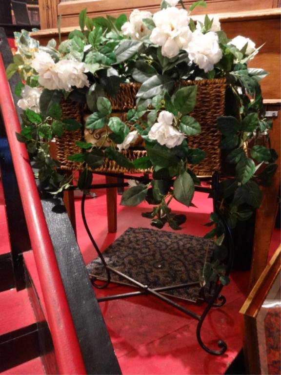 FAUX FLORAL ARRANGEMENT IN RATTAN AND METAL PLANTER,: FAUX FLORAL ARRANGEMENT IN RATTAN AND METAL PLANTER, APPROX 3'H