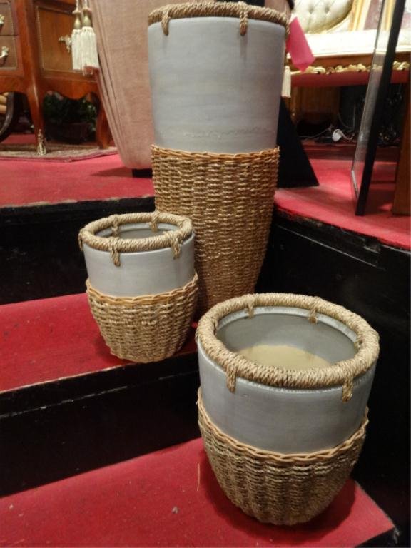 3 PC CERAMIC PLANTERS, RATTAN WRAPPED, MADE IN VIETNAM,: 3 PC CERAMIC PLANTERS, RATTAN WRAPPED, MADE IN VIETNAM, PALE BLUE GLAZE, TALLEST APPROX 18"
