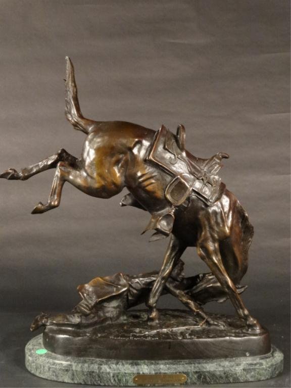 LARGE BRONZE SCULPTURE, AFTER FREDERIC REMINGTON,: LARGE BRONZE SCULPTURE, AFTER FREDERIC REMINGTON, TITLED "WICKED PONY", HIGH QUALITY CASTING, ON MARBLE BASE, 18.5" X 22" X 12" SKU 943-1