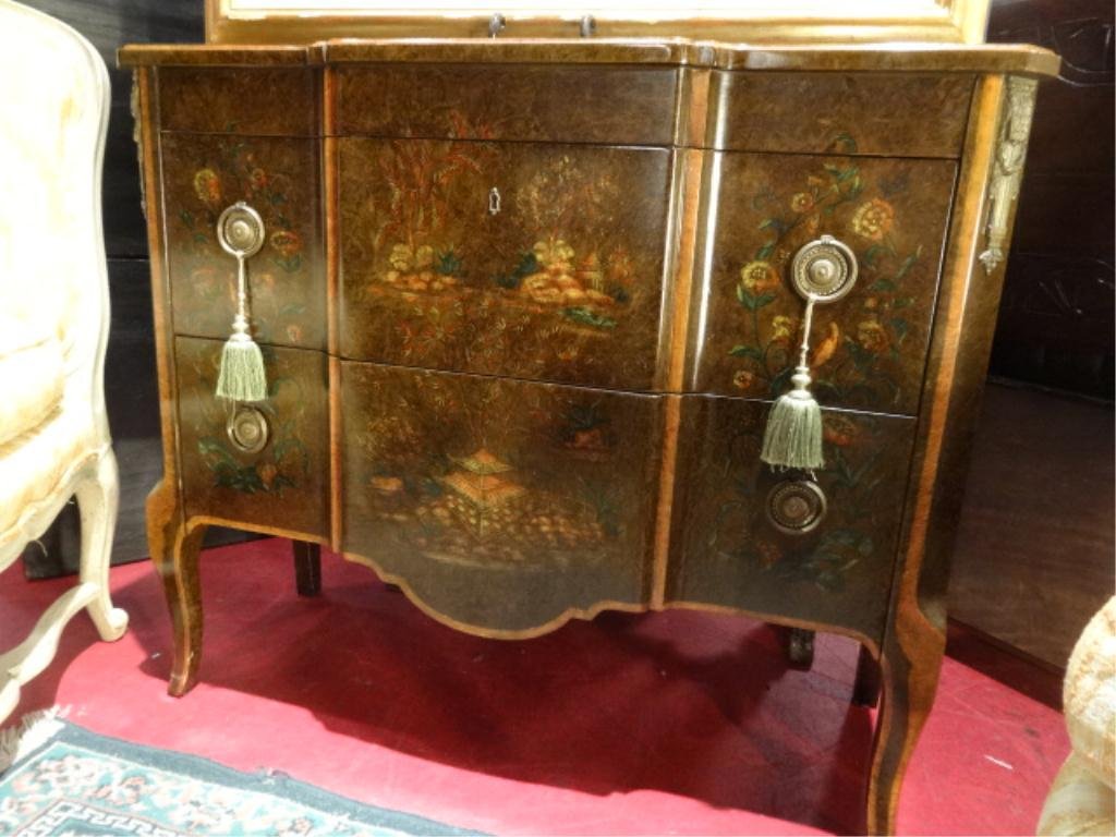JOHN WIDDICOMB CHINOISERIE CHEST, LOUIS XV STYLE,: JOHN WIDDICOMB CHINOISERIE CHEST, LOUIS XV STYLE, PAINTED PAVILLIONS AND LANDSCAPE SCENES, BRASS PULLS, LABELED JOHN WIDDICOMB, EXCELLENT CONDITION, 32" X 37" X 16"