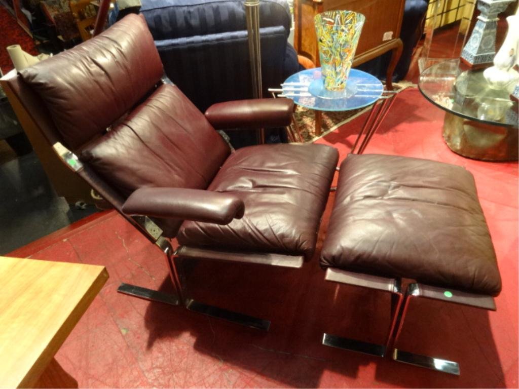 DE SEDE LEATHER LOUNGE CHAIR AND OTTOMAN, FLAT BAR: DE SEDE LEATHER LOUNGE CHAIR AND OTTOMAN, FLAT BAR CHROME FRAME, BROWN LEATHER, CIRCA 1970's, LABELED PRODUCT OF SWITZERLAND, APPROX 6' X 43" X 32"