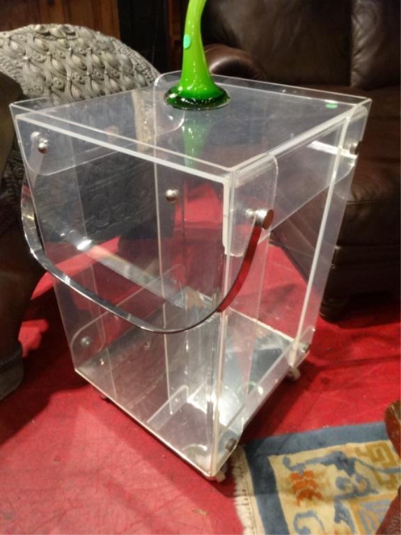 LUCITE BAR CART, ON CASTERS, WITH METAL HANDLE,: LUCITE BAR CART, ON CASTERS, WITH METAL HANDLE, MIRRORED BOTTOM SHELF, APPROX 2' X 3' X 32"