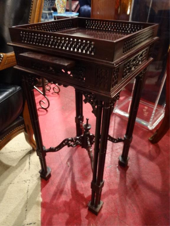 CHINESE CHIPPENDALE STYLE CARVED WOOD TABLE, WITH SLIDE: CHINESE CHIPPENDALE STYLE CARVED WOOD TABLE, WITH SLIDE OUT TRAY, APPROX 15" X 15" X 30"