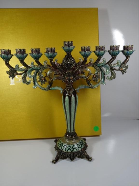 ENAMEL & CRYSTAL STUDDED MENORAH, #2 OF TWO AVAILABLE,: ENAMEL & CRYSTAL STUDDED MENORAH, #2 OF TWO AVAILABLE, BY COSMO COLLECTION, WITH ORIGINAL BOX, APPROX 13"H X 14"W, SKU120.01